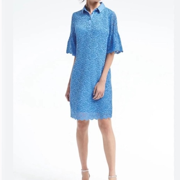 Banana Republic Blue Foral Lace Dress with Elbow-length Flutter Sleeve Medium - Picture 1 of 7
